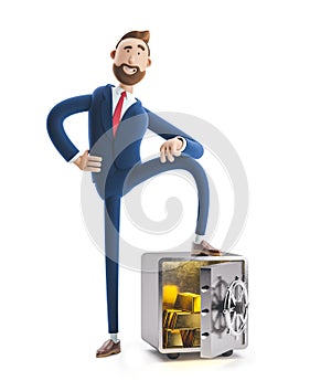 3d illustration. Businessman Billy with safe and gold. photo