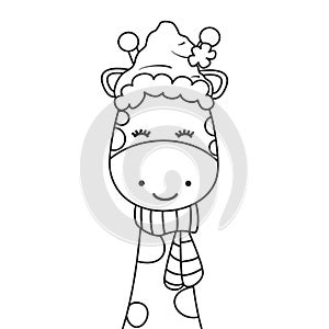Cute cartoon character black and white giraffe with santa claus hat and scarf funny vector illustration for christmas holiday colo