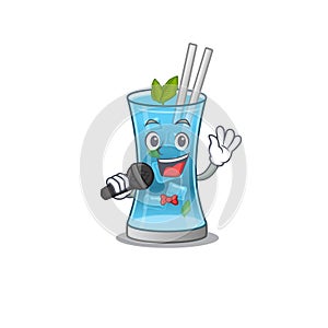 Cartoon character of blue hawai cocktail sing a song with a microphone