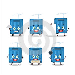 Cartoon character of blue lugage with various chef emoticons