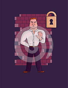 Cartoon Character - Bodyguard Security. Darken illustration for nightclub guardian. Wall background. Vector Illustration