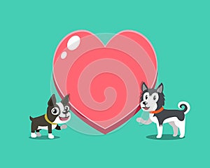 Cartoon character boston terrier dog and siberian husky dog with big heart