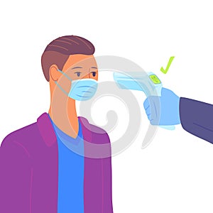 Cartoon Character Boy and Body Temperature Check Concept. Vector