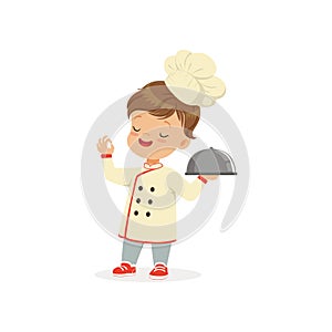 Progettazione della pittura cartello da ragazzo cuoco uniforme un un cappello. un bambino un sogno da educato cuoco stufa. un appartamento vettore illustrazioni 