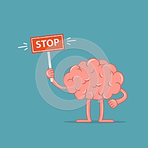 Cartoon character brain holding a stop sign. Concept design the brain disagree.