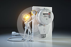Cartoon character bulb light robot pays tariffs utility in kilowatt hour meter photo