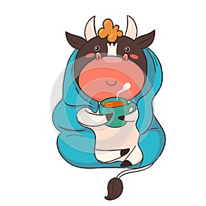 Cartoon character bull wrapped in a plaid drink tea isolate on a white background. Vector graphics