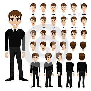 Cartoon character with business man animation. Front, side, back, 3-4 view character. Separate parts of body. Flat
