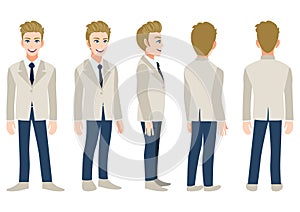 Cartoon character with business man in a gray suit for animation. Front, side, back, 3-4 view animated character. Flat vector