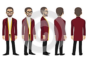 Cartoon character with business man in a long coat for animation. Front, side, back, 3-4 view animated character. Flat vector