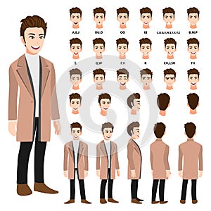 Cartoon character with business man in a long coat for animation. Front, side, back, 3-4 view character. Separate parts of body.