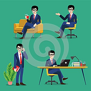 Cartoon character with business man poses set. Business people working, sitting at dest and using laptop on green background, flat