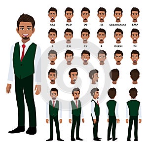 Cartoon character with business man in smart shirt and waistcoat for animation. Front, side, back, 3-4 view character. Separate