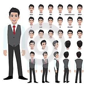 Cartoon character with business man in smart shirt and waistcoat for animation. Front, side, back, 3-4 view character. Separate