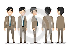 Cartoon character with business man in suit for animation. Front, side, back, 3/4 view character.