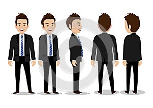 Cartoon character with business man in suit for animation. Front, side, back, 3/4 view character. Separate parts of body. Flat