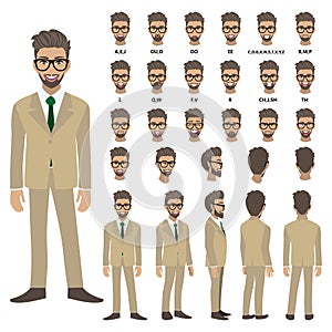 Cartoon character with business man in suit for animation. Front, side, back, 3-4 view character vector