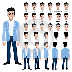 Cartoon character with business man in suit for animation. Front, side, back, 3-4 view character vector