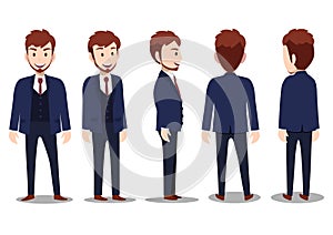 Cartoon character with business man in suit for animation. Front, side, back, 3/4 view character vector