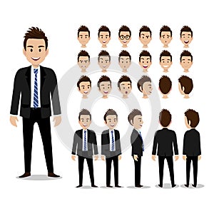 Cartoon character with business man in suit for animation. Man head set, front, side, back, 3-4 view character.