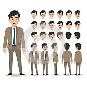 Cartoon character with business man in suit for animation. Man head set, front, side, back, 3-4 view character.
