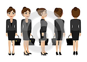 Cartoon character with business woman. Front, side, back, 3-4 view animated character.