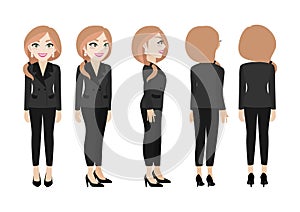 Cartoon character with business woman. Front, side, back, 3-4 view animated character.