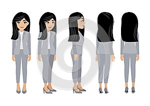 Cartoon character with business woman. Front, side, back, 3-4 view animated character. Flat vector illustration