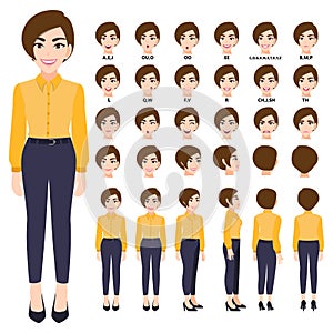 Cartoon character with business woman in smart shirt for animation. Front, side, back, 3-4 view character. Separate parts of body