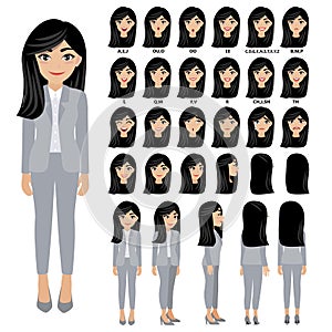 Cartoon character with business woman in suit for animation. Front, side, back, 3-4 view character