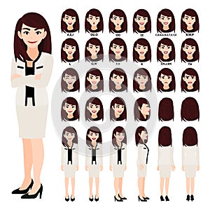 Cartoon character with business woman in suit for animation. Front, side, back, 3-4 view character. Separate parts of body. Flat