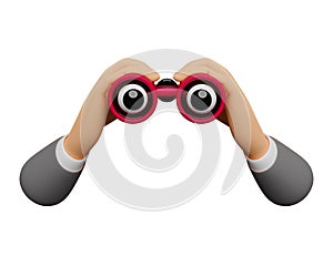 Cartoon character businessman hand holds red binocular isolated on white background ,3d render