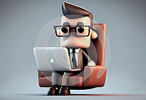 Cartoon character businessman sitting in a chair with laptop. 3d illustration. Generate Ai.