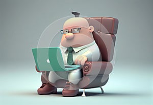 Cartoon character businessman sitting in a chair with laptop. 3d illustration. Generate Ai.
