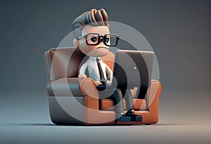 Cartoon character businessman sitting in a chair with laptop. 3d illustration. Generate Ai.