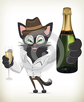 Cartoon Character Cat Holding Glass of Champagne and Bottle