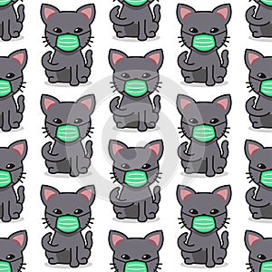 Cartoon character cat wearing protective face mask seamless pattern background