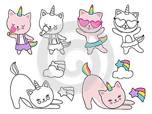 Cartoon character cats unicorn vector illustration. Coloring with outline and colorful kittens