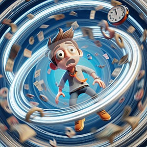 A cartoon character caught in a time loop with a dizzying spi