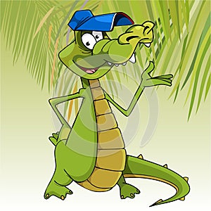 Cartoon character cheerful crocodile in a cap gesticulating arm photo