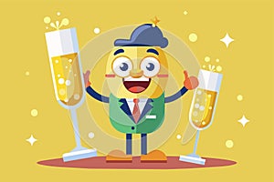 A cartoon character cheerfully holds two glasses of champagne in a celebratory gesture, Champagne toast Customizable Cartoon