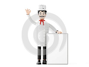 Cartoon character, chef with banner, empty menu mockup. Cheerful chef smiles. 3d rendering