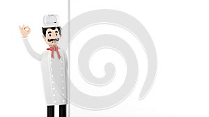 Cartoon character, chef with banner, empty menu mockup. Cheerful chef smiles. 3d rendering