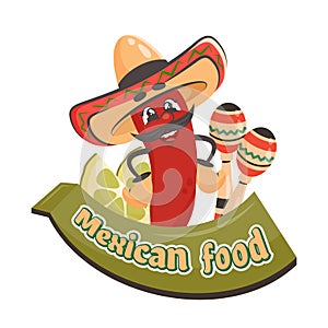 Cartoon character chilli pepper in sombrero hat with lime, maracas. Mexican food text on frame. Doodle drawn vector illustration