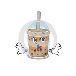 A cartoon character of chocolate bubble teamaking a surprised gesture