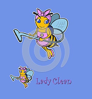 Cartoon character cleaning lady bee in a pink apron with a vacuum cleaner in his hands
