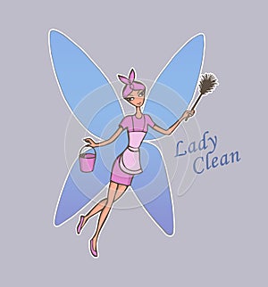 cartoon character cleaning lady Housewife butterfly Cartoon character with duster service fly and working in pink dress