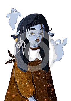 Cartoon character close-up with blue skin and yellow eyes, fairytale girl with pointed ears and long hair, cold dryad