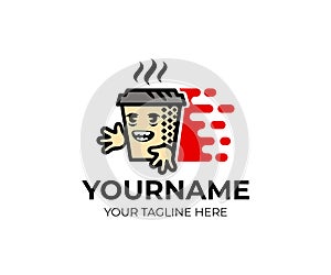 Cartoon character coffee, tea in a paper cup and fast delivery, logo template. Coffee shop, cafeteria and delivery coffee, tea on