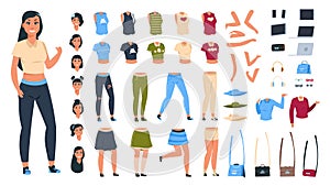 Cartoon character constructor. Woman animation set with body parts collection and different clothes and poses. Vector